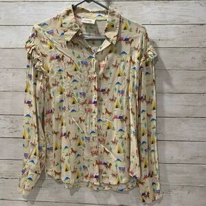 Ottod'Ame Long-sleeved Button Up Shirt Western Themed Print Horses Italy Size 8